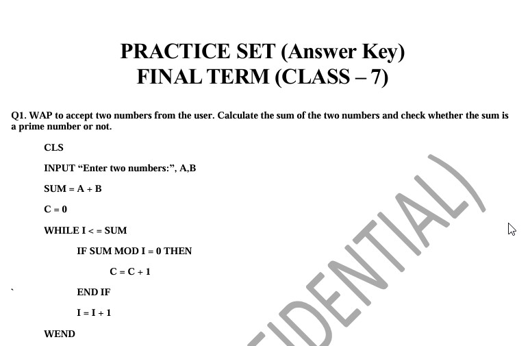 PRACTICE SET (Answer Key) FINAL TERM (CLASS – 7)